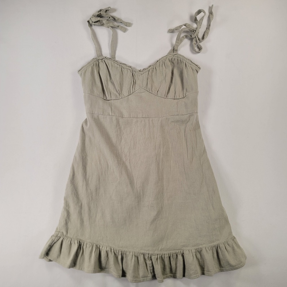 Hollister Sage Green Smocked Mini Dress Tie Strap Ruffle Hem L Cottagecore